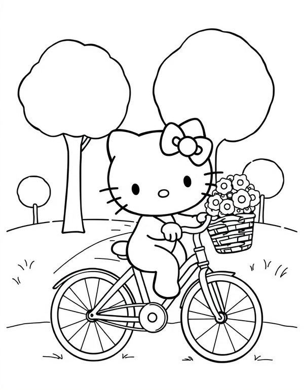 Small white cartoon cat riding a bicycle with a basket of flowers, black and white line art