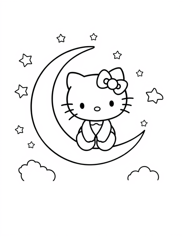 Small white cartoon cat sitting on a crescent moon with stars around, black and white line art