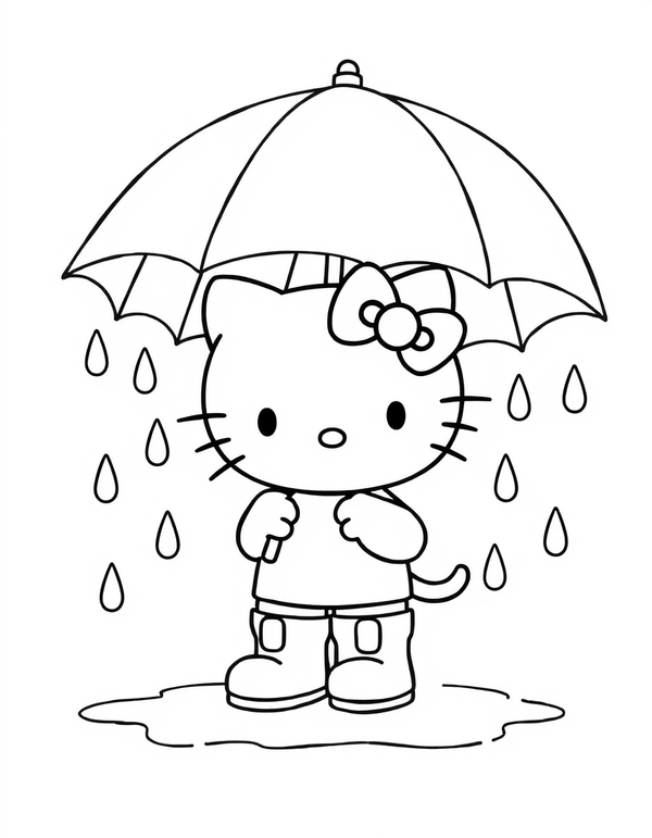 Small white cartoon cat holding an umbrella with raindrops falling, black and white line art