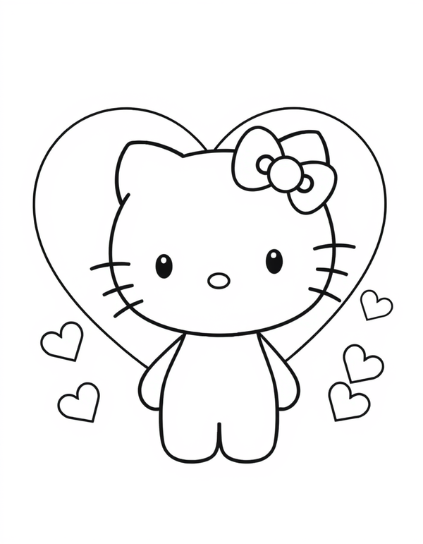 Small white cartoon cat standing in front of a large heart shape, black and white line art