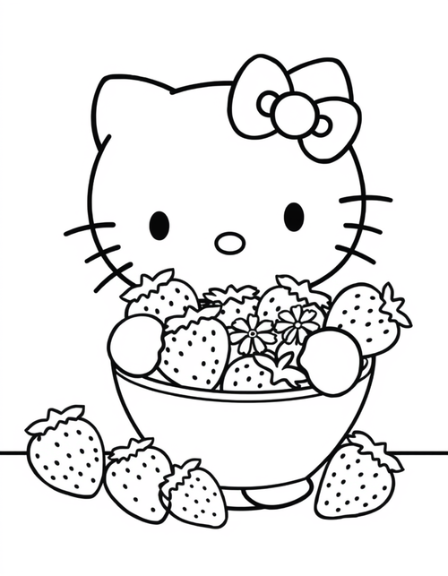 Small white cartoon cat holding a bowl heaped with strawberries, black and white line art