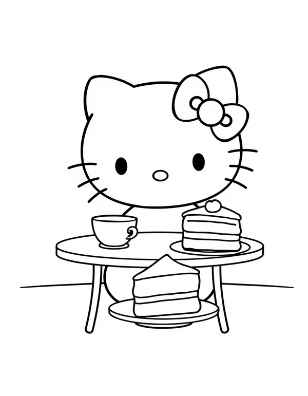 Small white cartoon cat with a bow sitting at a table with a teacup and cake, black and white line art