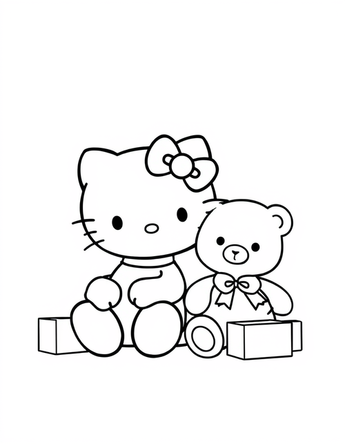 Small white cartoon cat sitting beside a teddy bear, black and white line art