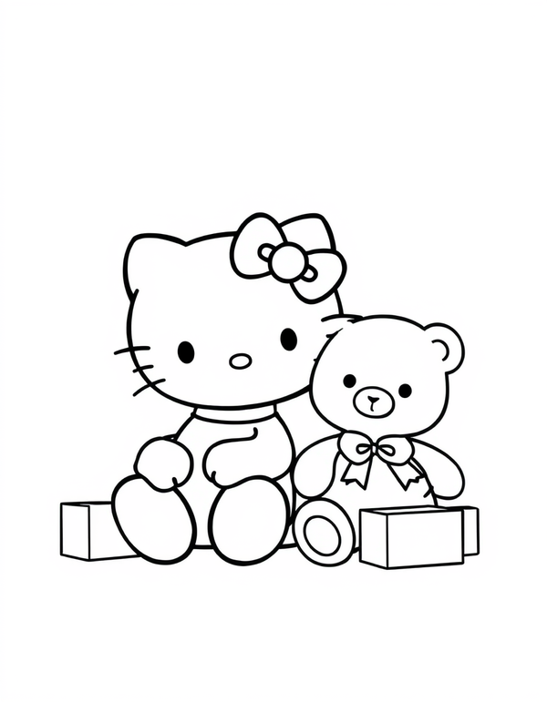 Small white cartoon cat sitting beside a teddy bear, black and white line art
