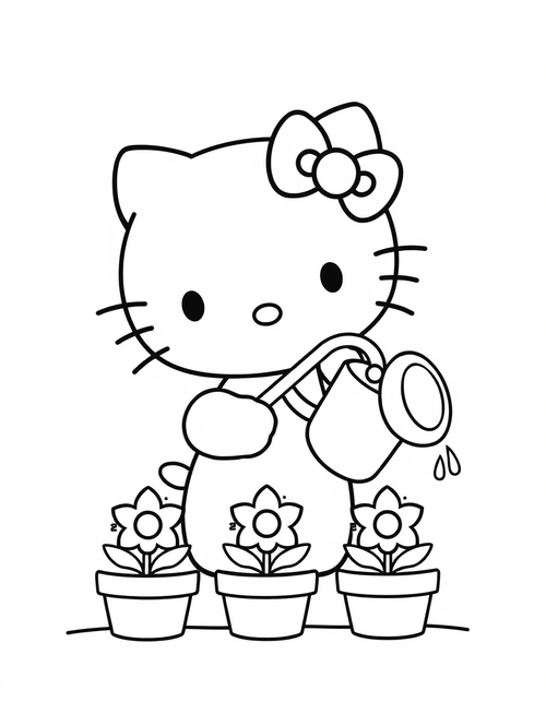 Small white cartoon cat watering potted flowers with a watering can, black and white line art