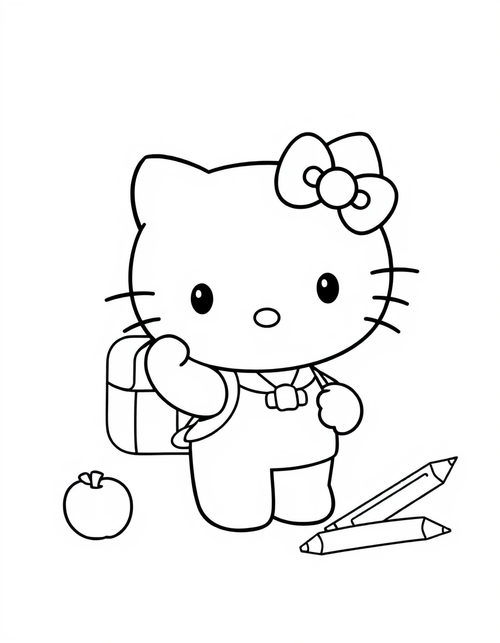 Small white cartoon cat with a school satchel holding an apple, black and white line art