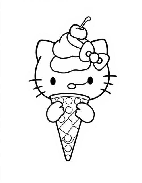Small white cartoon cat holding a triple scoop ice cream cone, black and white line art