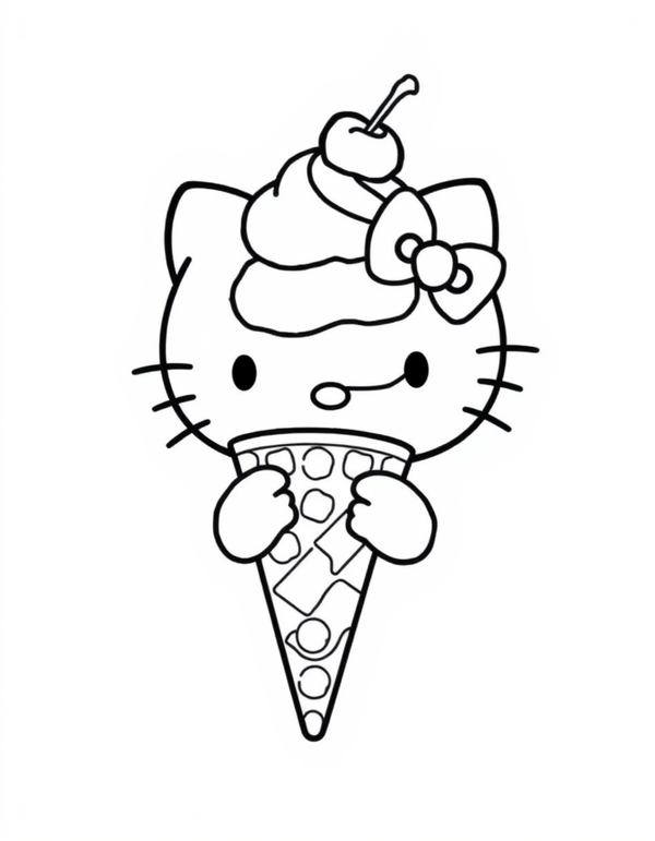 Small white cartoon cat holding a triple scoop ice cream cone, black and white line art