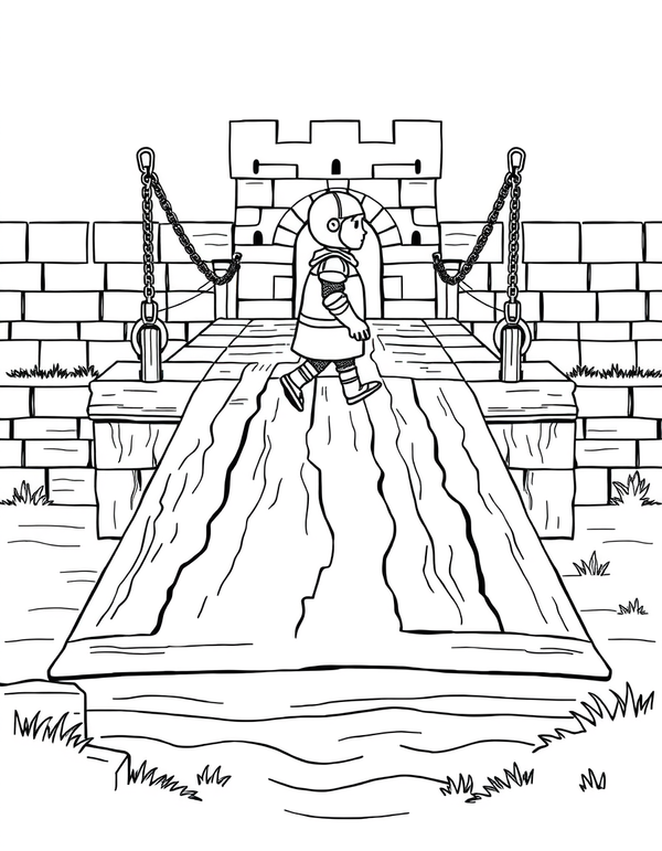 Black and white coloring page of knight crossing a drawbridge at dawn