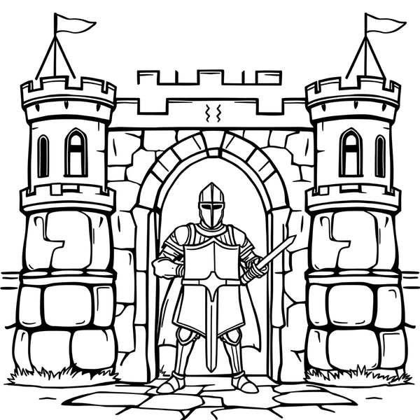 Black and white coloring page of knight guarding a castle gate
