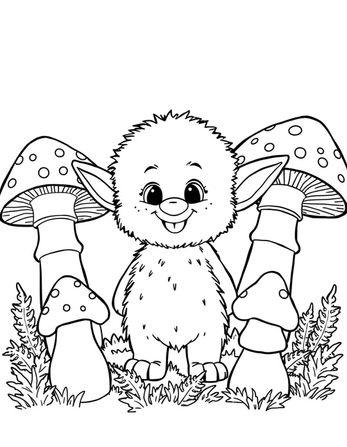 Big eared plush creature standing among large spotted mushrooms, black and white line art