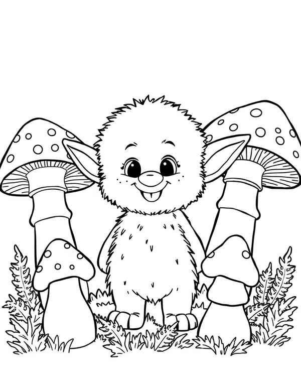 Big eared plush creature standing among large spotted mushrooms, black and white line art