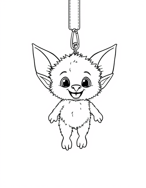 Big eared plush creature hanging from a clip and chain as a bag charm, black and white line art