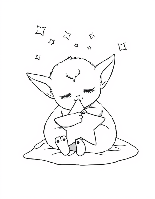 Big eared plush creature curled up asleep hugging a large star, black and white line art