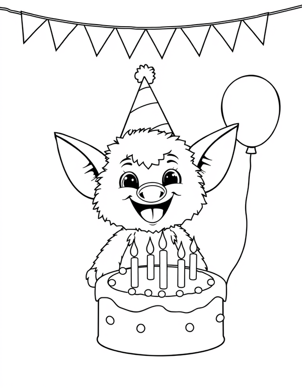 Big eared plush creature in a party hat beside a birthday cake, black and white line art