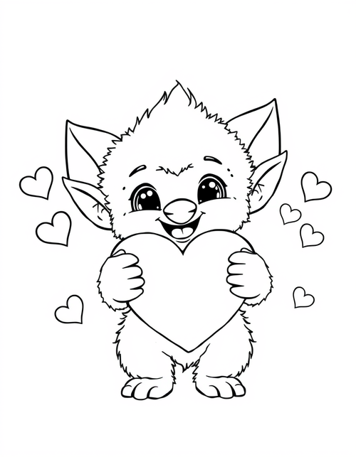 Big eared plush creature holding up a large heart shape, black and white line art
