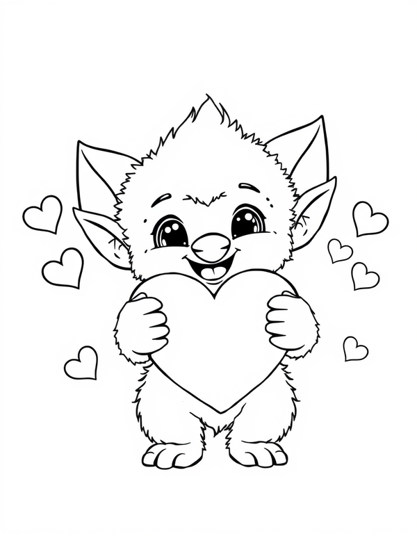 Big eared plush creature holding up a large heart shape, black and white line art