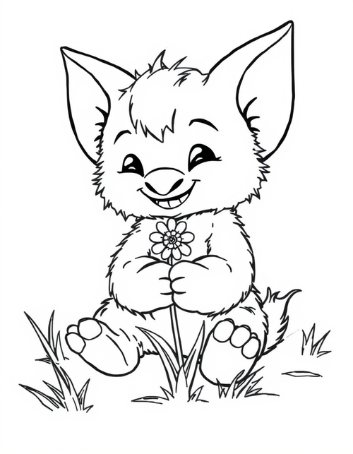 Big eared plush creature sitting holding a small flower in both hands, black and white line art
