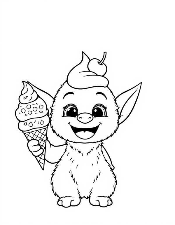 Big eared plush creature holding a double scoop ice cream cone, black and white line art