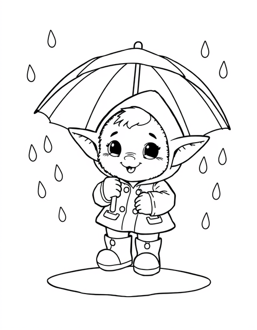 Big eared plush creature in a raincoat holding an umbrella in the rain, black and white line art