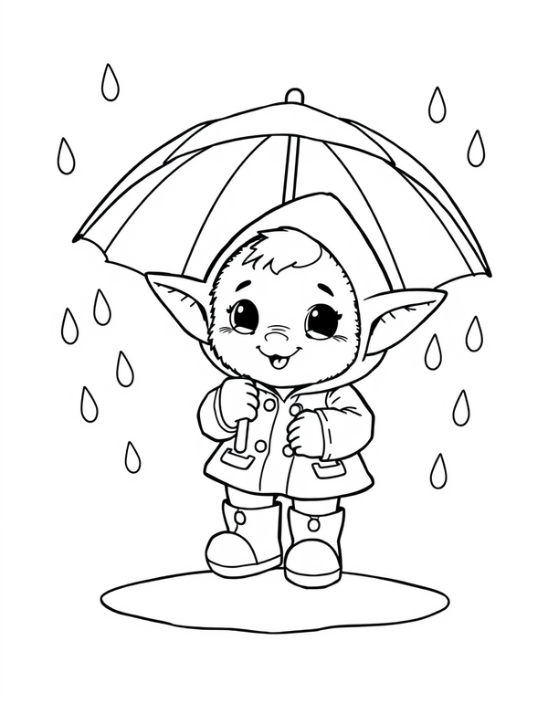 Big eared plush creature in a raincoat holding an umbrella in the rain, black and white line art