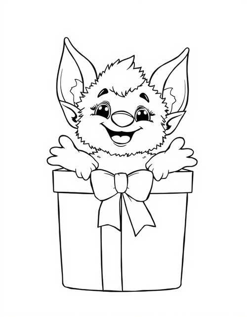 Big eared plush creature popping out of a gift box with a ribbon bow, black and white line art