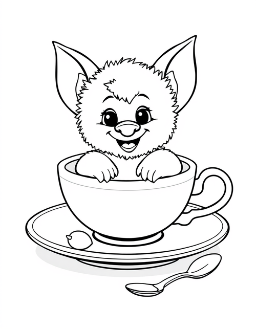 Big eared plush creature sitting inside an oversized teacup on a saucer, black and white line art