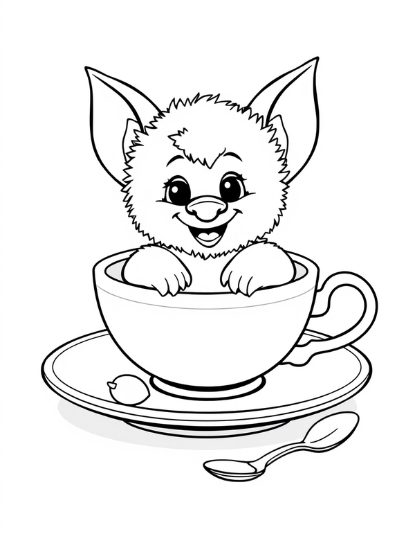 Big eared plush creature sitting inside an oversized teacup on a saucer, black and white line art