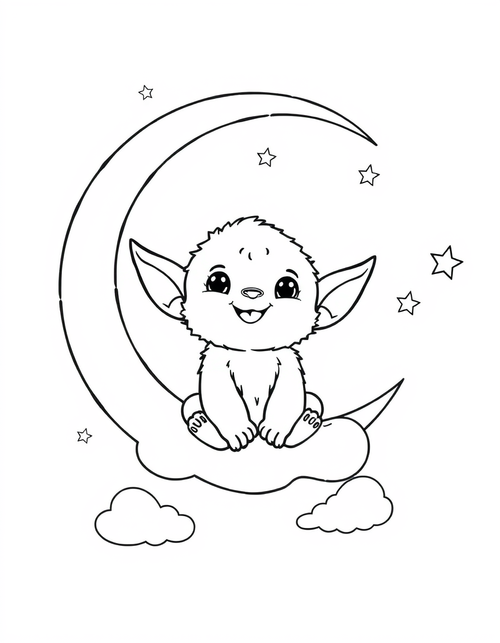 Big eared plush creature sitting on a crescent moon among stars, black and white line art
