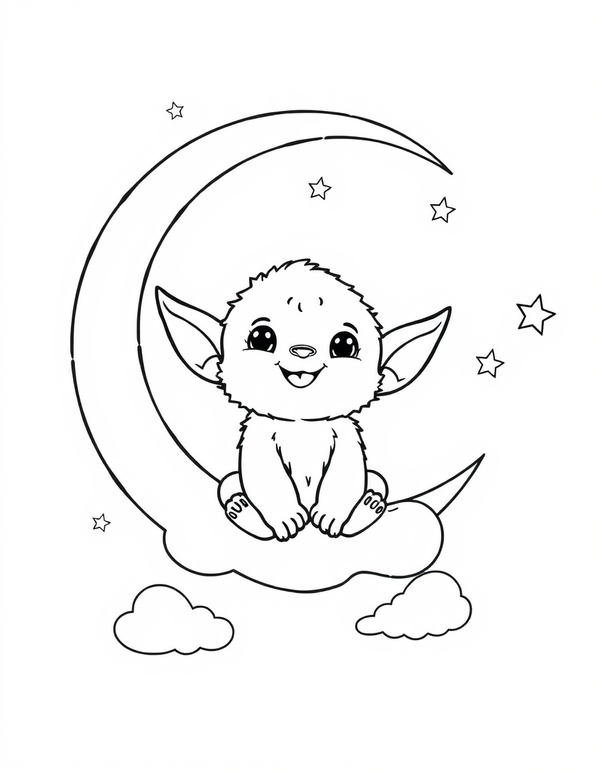 Big eared plush creature sitting on a crescent moon among stars, black and white line art