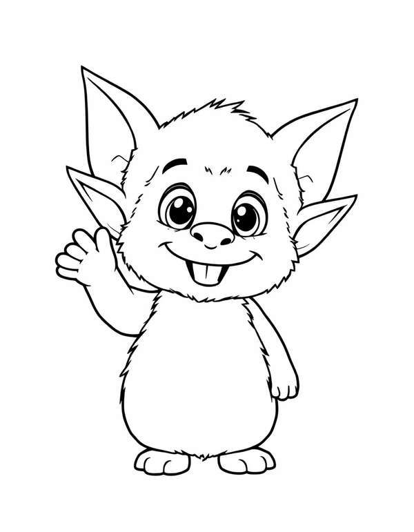 Big eared fuzzy plush creature standing and waving, black and white line art
