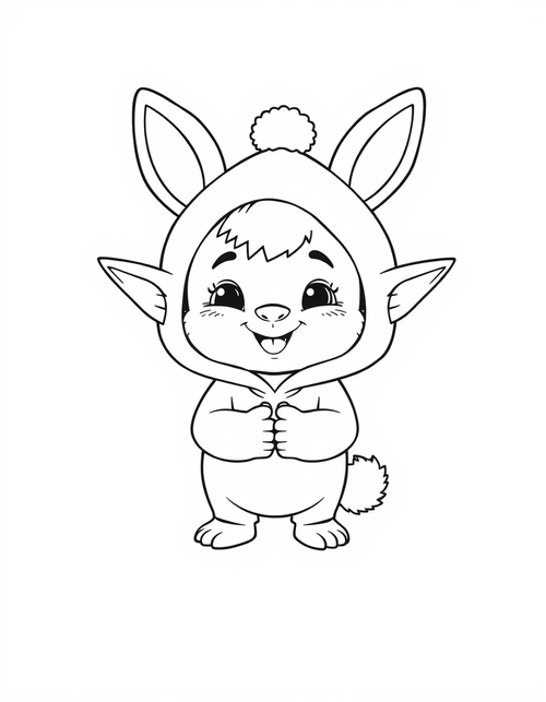 Big eared plush creature wearing a hooded bunny costume, black and white line art