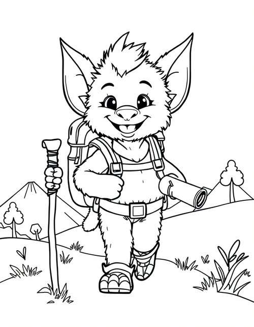 Big eared plush creature walking with a backpack and walking stick, black and white line art