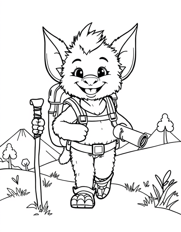 Big eared plush creature walking with a backpack and walking stick, black and white line art