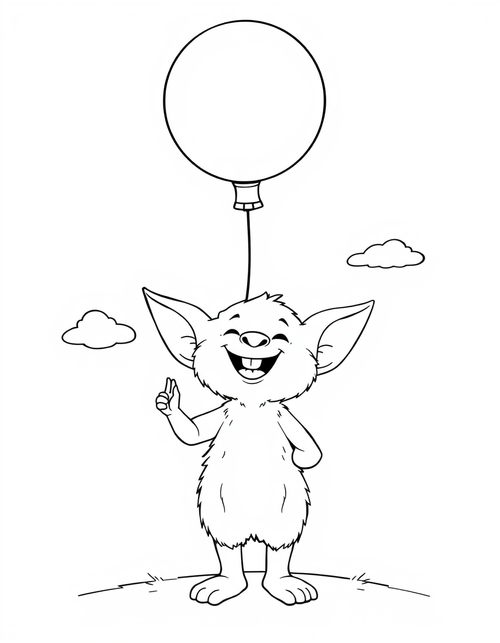 Big eared plush creature holding a large balloon on a string, black and white line art