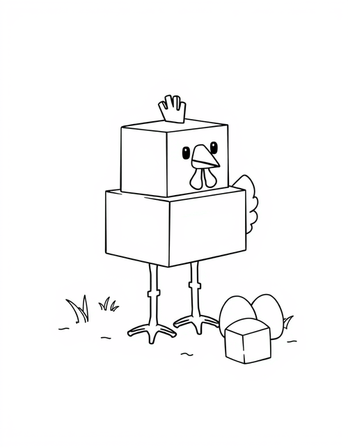 Cube shaped chicken standing beside three square eggs, black and white line art