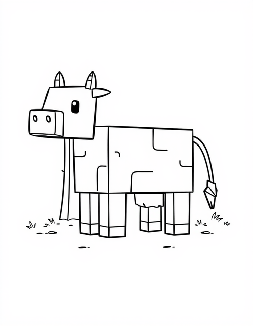 Cube shaped cartoon cow with square patch markings, black and white line art
