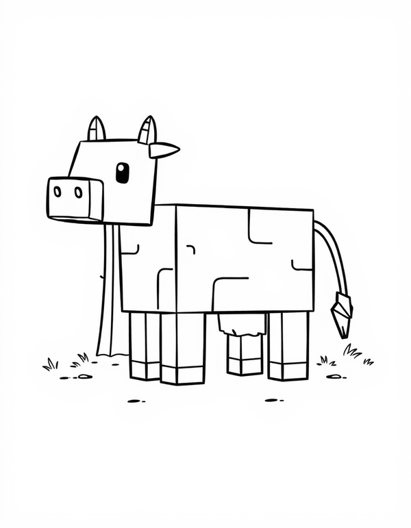 Cube shaped cartoon cow with square patch markings, black and white line art