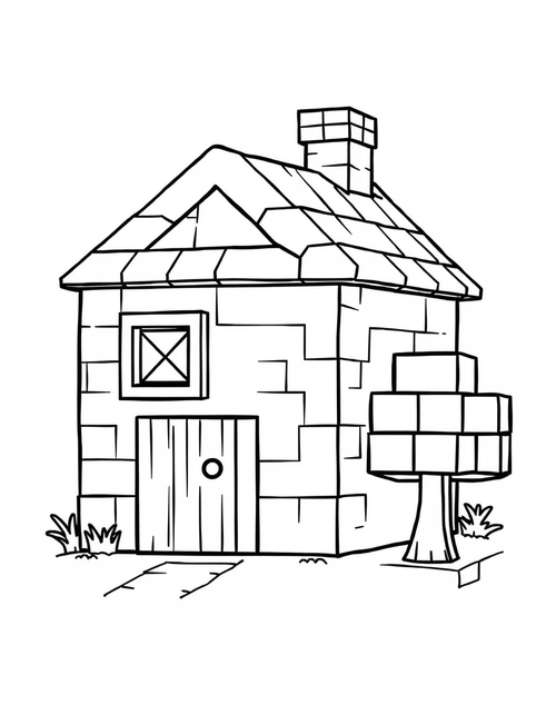 Cube built house with a stepped roof and square windows, black and white line art