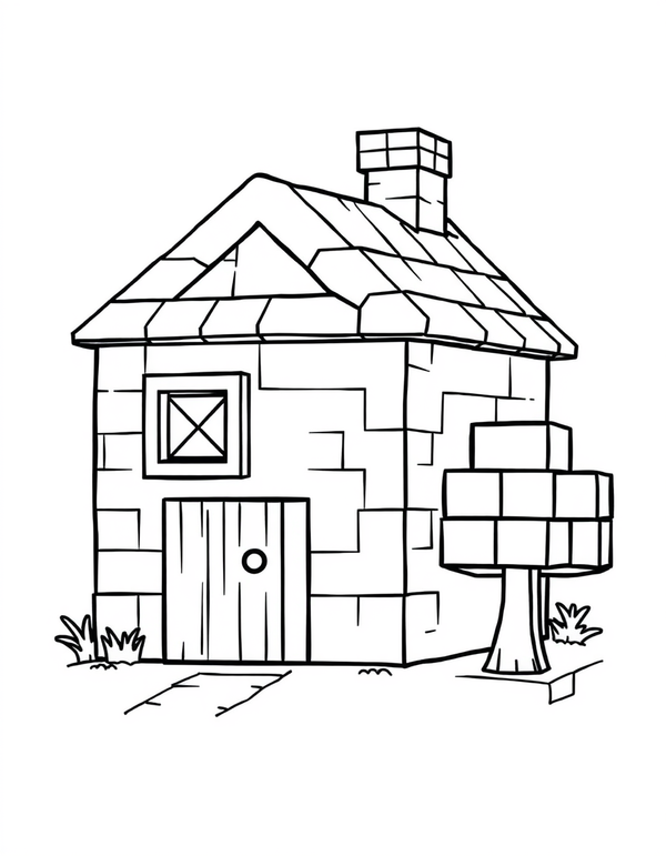 Cube built house with a stepped roof and square windows, black and white line art