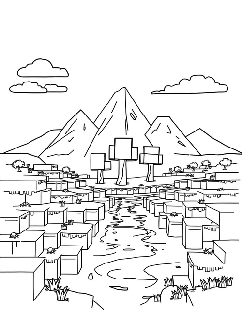 Stepped cube mountain landscape with square trees and clouds, black and white line art