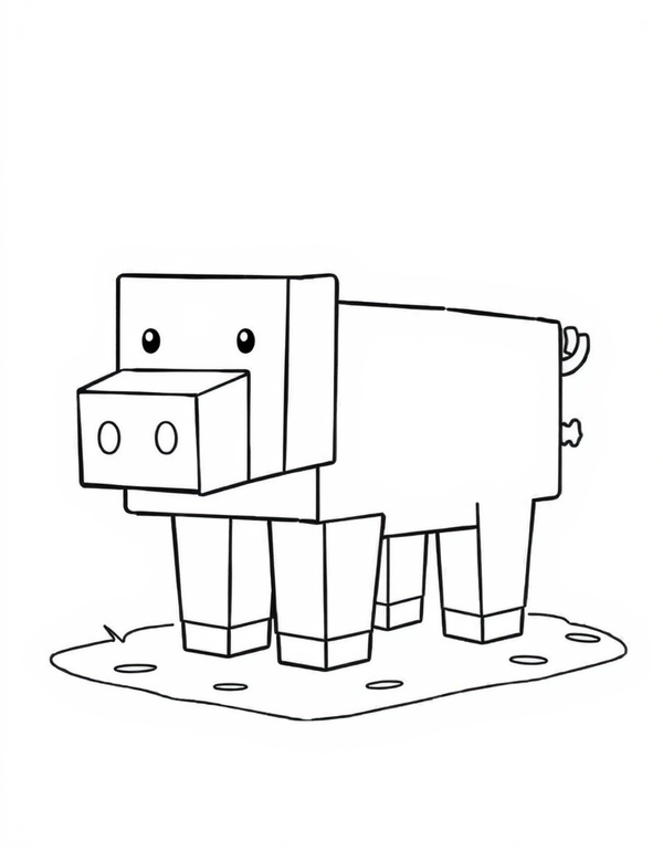 Cube shaped cartoon pig with a square snout, black and white line art