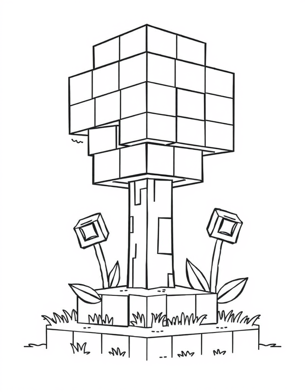 Cube canopy tree over blocky flowers and grass, black and white line art