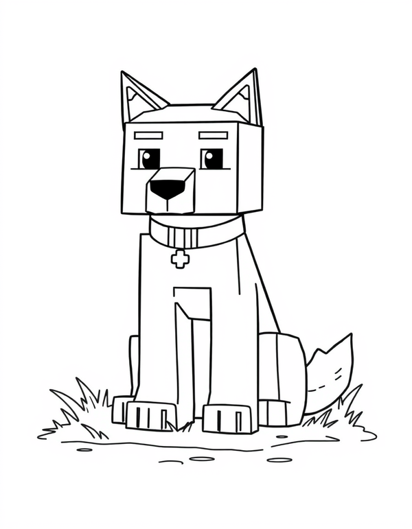 Cube built wolf sitting with a collar band, black and white line art
