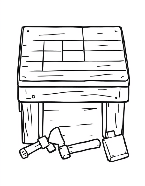 Blocky crafting workbench with a grid top and three tools, black and white line art