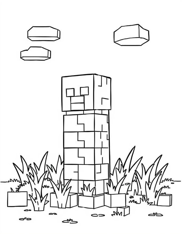 Tall blocky cube creature standing in a square-edged grass field, black and white line art