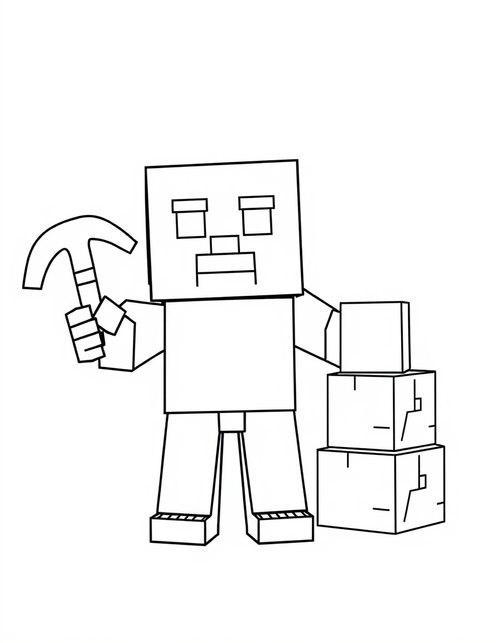 Blocky cube character holding a pickaxe beside stacked cube blocks, black and white line art