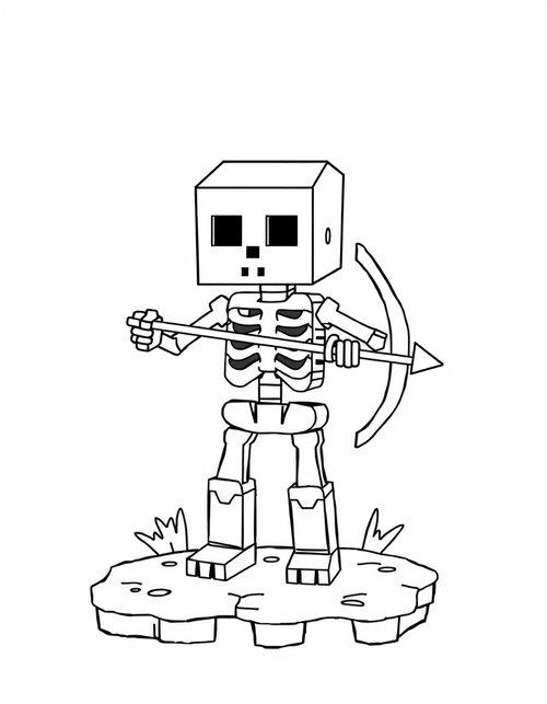 Blocky cube skeleton figure holding a bow, black and white line art