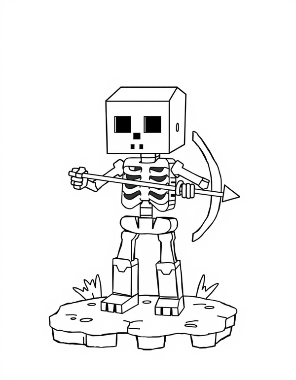 Blocky cube skeleton figure holding a bow, black and white line art