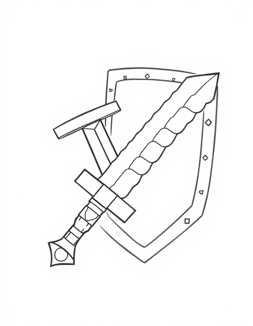 Blocky stepped sword and shield drawn large, black and white line art